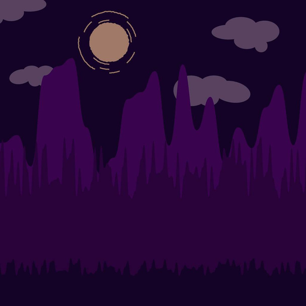 Bergen en Bos 's nachts landschap vlakke vector illustratie. Natuur landschap met bomen en heuveltoppen silhouetten aan de horizon. Scene cartoon achtergrond. Vlak concept. Website sjabloon. UI-ontwerp. - Vector, afbeelding