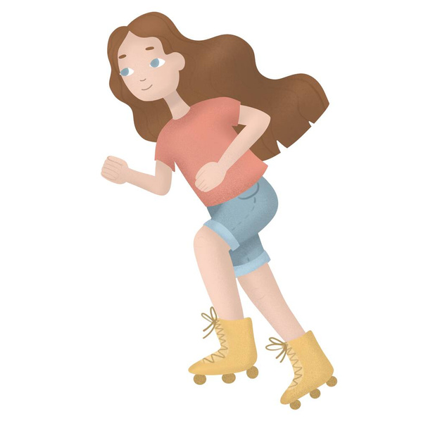 黄色のローラースケートの女の子が隔離された。夏の野外活動。ローラースケートを着て茶色の髪の10代の女の子。ローラースケートの女の子。アクティブライフスタイル。ローラーブレードスポーツ. - 写真・画像