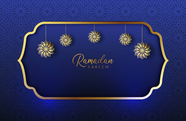 Ramadan Kareem φόντο με χρυσό και μπλε χρώμα πολυτελές στυλ. Εικονογράφηση διάνυσμα για ισλαμικό ιερό μήνα γιορτές διακοσμημένα με φεγγάρι και mandala arabesque. Μήνας νηστείας για τους Μουσουλμάνους - Διάνυσμα, εικόνα