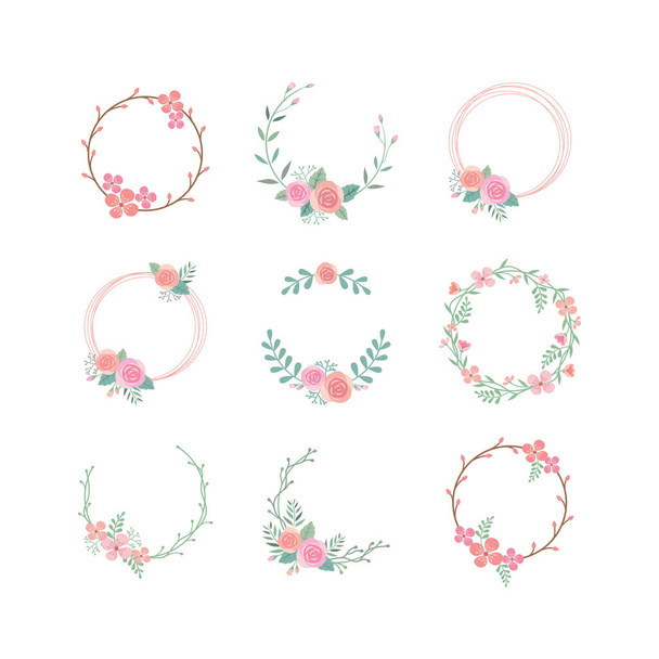 Floral circle colorful vector frame set. Spring blossom, rose flower vintage decoration frame template with branches and leaves. - Vector, Image