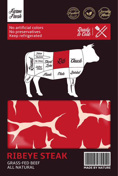 Vector beef packaging design. Bull silhouette. Meat beefsteak background. American (US) cuts of beef diagram - Vector, Image