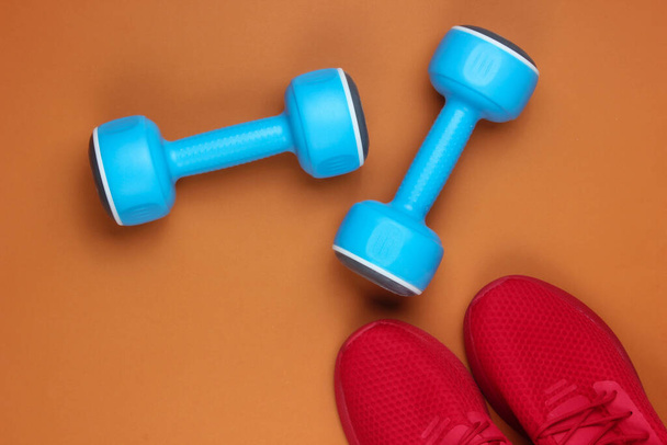 Minimalistic sport still life. Sports outfit. Red sports shoes for training and blue plastic dumbbell on brown background. Top view - Photo, Image