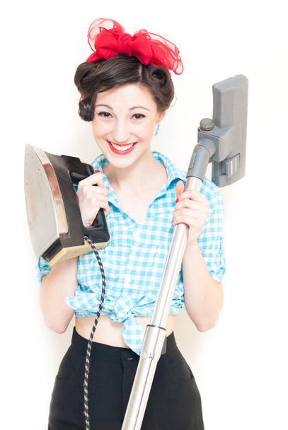 House wife with iron & vacuum cleaner - Fotoğraf, Görsel