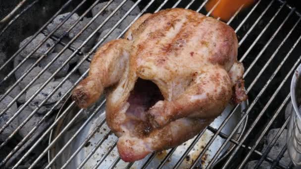 primer plano de imágenes de pollo marinado a la parrilla en la barbacoa - Metraje, vídeo