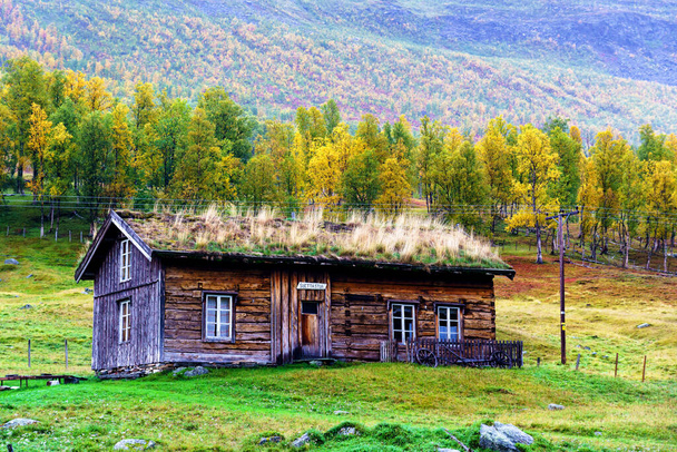 Szezonális nyári kunyhó ona tisztás Tamok Valley, Norvégia a felhős őszi napon - Fotó, kép