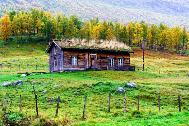 Sommerhütte auf einer Lichtung im Tamok-Tal, Norwegen an einem bewölkten Herbsttag - Foto, Bild