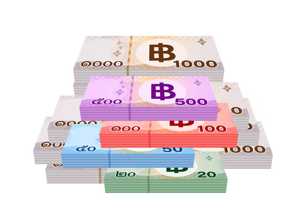pilha de notas de banco thai baht (1.000, 500, 100, 50 e 20 tipo), empilhar moeda moeda THB de tailandês, moeda de nota bancária para o negócio e conceito de finanças, papel-moeda para a ideia de poupança, isolado em branco
 - Vetor, Imagem