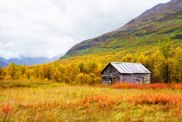 Seasonal summer hut ona clearing in Tamok Valley, Norway on cloudy autumnal day - Foto, Bild