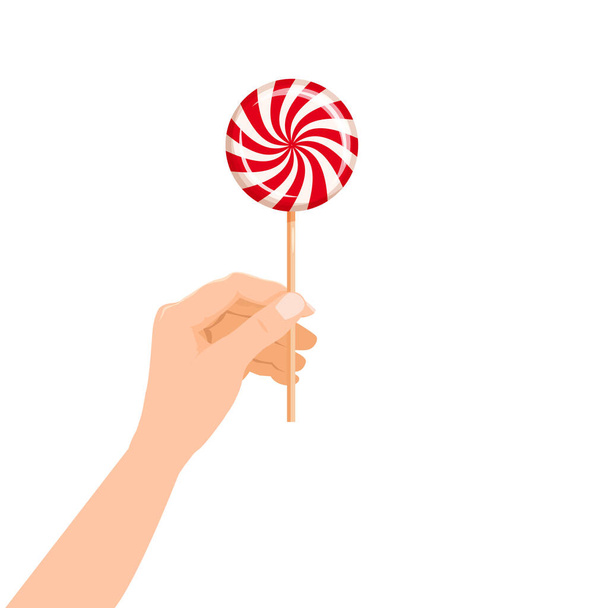 Hand vast snoep Lollipop gestreepte dessert zoetheid. Vector illustratie geïsoleerde cartoon stijl - Vector, afbeelding