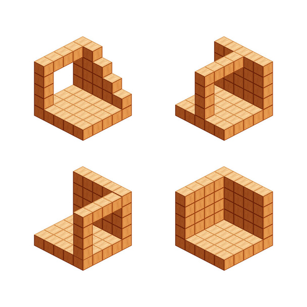 wooden cubes isometric for children learning, tower wood cubes sample different isolated on white, 3d cubes wood for logic counting of preschool children, block wooden square for mathematical game kid - Vector, Image