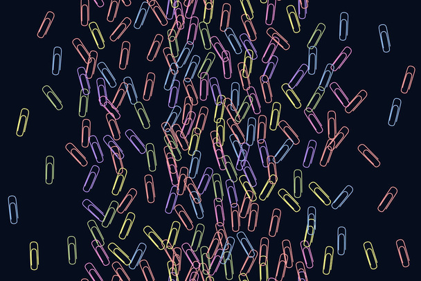 Office bright colored paperclips isolated on black. Seamless pattern clerical colorful paper clips. Red, blue, green, yellow paperclips top view. Simple plastic paperclips. Vector office supplies - Vector, Image