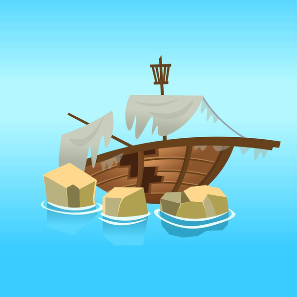 A broken ship in the sea. Vector illustration in cartoon style. - Vector, Image