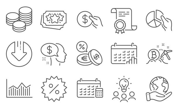 Set of Finance icons, such as Pay, Download arrow. Diploma, ideas, save planet. Bitcoin mining, Discount, Loyalty points. Calendar, Payment, Pie chart. Calendar graph, Tips, Money diagram. Vector - Vettoriali, immagini