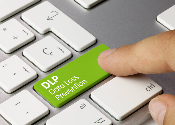 DLP Data Loss Prevention Written on Green Key of Metallic Keyboard. Stisknutí klávesy prstu. - Fotografie, Obrázek