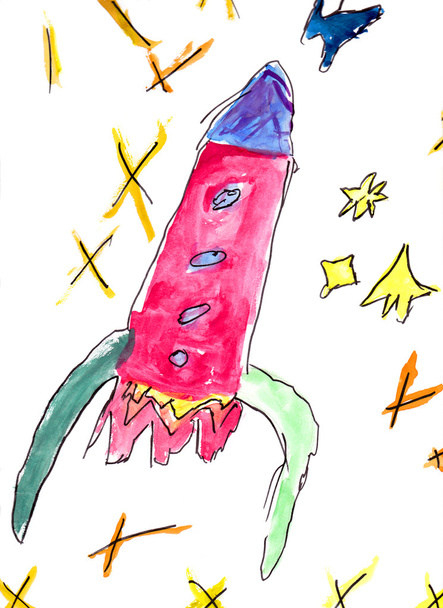 Childs painting of a space rocket - Photo, Image