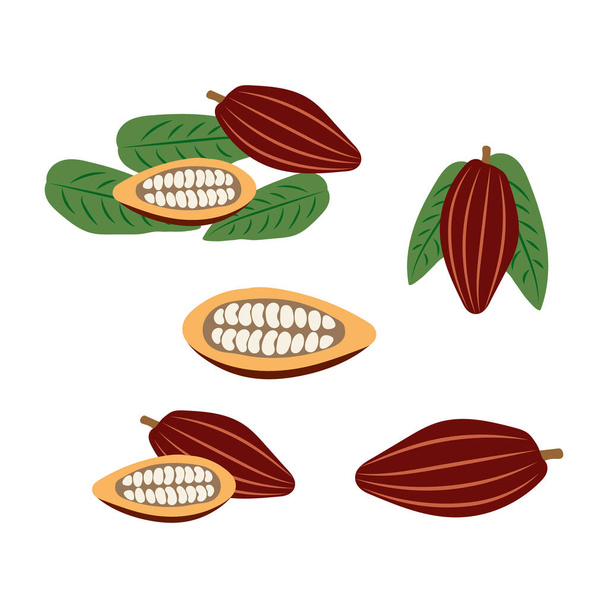 Cacao Doodle con icona set foglia isolato su bianco. Cibo al cioccolato. Illustrazione del titolo vettoriale. EPS 10 - Vettoriali, immagini