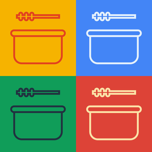 Pop art line Sauna bucket and ladle icon isolated on color background.  Vector Illustration. - Vector, Image