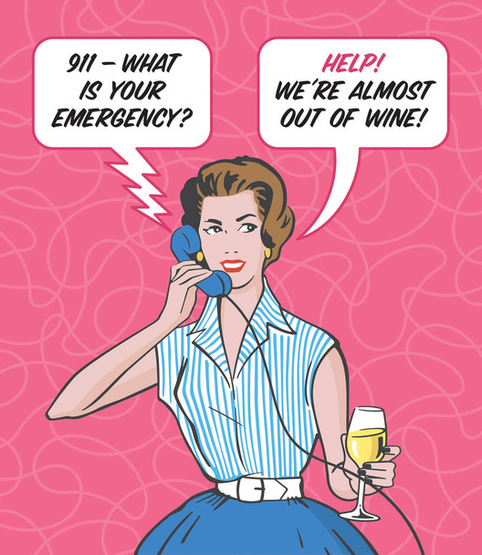 Emergência do vinho. Ilustração vetorial de mulher retro meados do século chamando 911 no telefone para dizer que ela está quase sem vinho
. - Vetor, Imagem