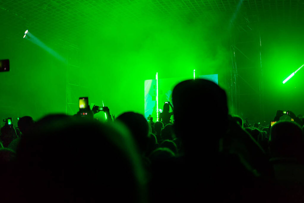 A crowd of people at the concert have fun and dance to the music at the concert. Green background. Rear view. The concept of entertainment and relaxation. - Photo, Image