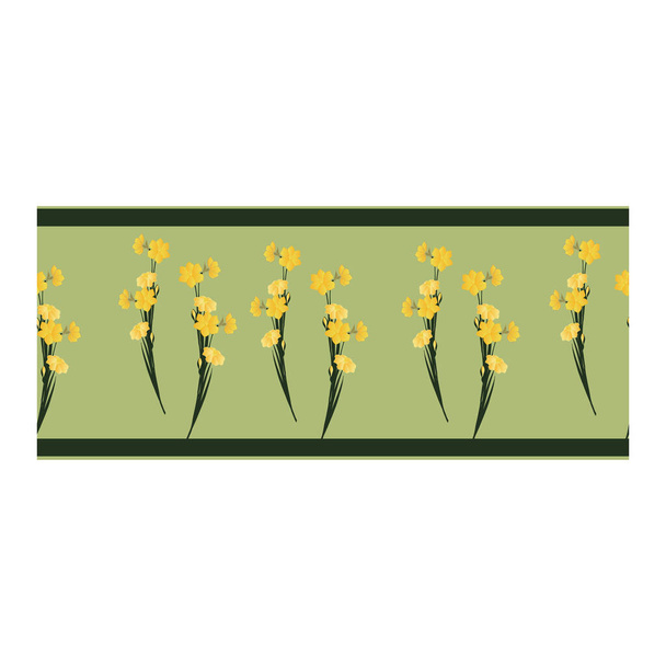 Seamless border, ornament, ribbon with yellow flowers, buds, daffodil leaves on an olive background. Flower pattern with daffodils. Daffodil flowers in bouquets. Narcissus blooming. Spring, summer pattern.. Vector illustration - Vector, Image