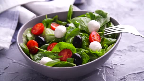 Vegetarisch en biologisch voedselconcept. Caprese Italiaanse of mediterrane salade. Tomaat mozzarella basilicum bladeren zwarte olijven en olijfolie roteren - Video