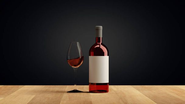 Copo e garrafa com delicioso vinho tinto na mesa contra fundo de madeira - Foto, Imagem
