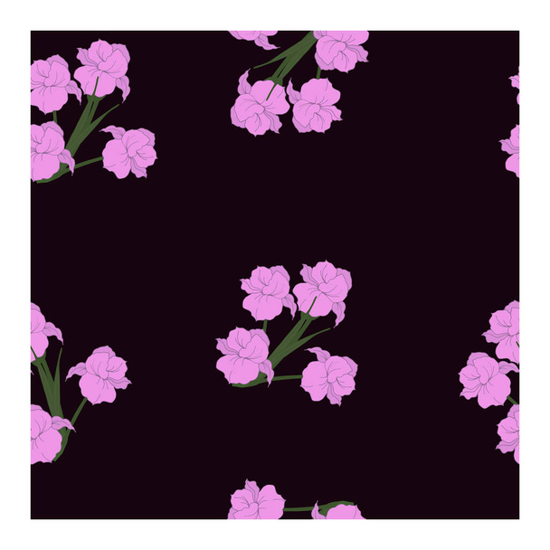Het web. Vector illustreert Naadloos, abstract patroon met lila bloemen, bloemblaadjes, knoppen op een zwarte achtergrond. Bloemenpatroon met witte bloemen op zwart. Abstract, bloemenpatroon. Witte narcis in boeketten. Stratie - Vector, afbeelding