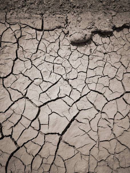 Texture de terre fissurée sèche. Le fond du désert. La pénurie mondiale d'eau. Fissures profondes en terre brune comme symbole du climat chaud et de la sécheresse. - Photo, image