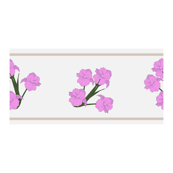 Naadloze rand, ornament, rand met roze bloemen, bloemblaadjes, knoppen op een blauwe achtergrond. Narcis. Bloemenpatroon met roze bloemen. Abstracte bloem patroon. Vector illustratie. Vectorillustratie - Vector, afbeelding