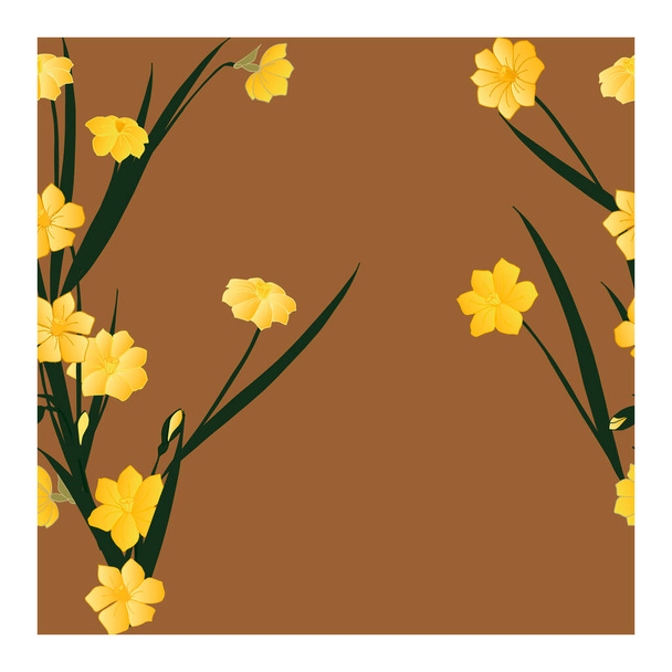 Zökkenőmentes, absztrakt minta sárga virágokkal, rügyekkel, nárciszlevelekkel barna alapon. Virágminta nárciszokkal. Nárciszvirág csokorban. Nárcisz virágzik. Tavasz, nyári minta. Vektorillusztráció - Vektor, kép