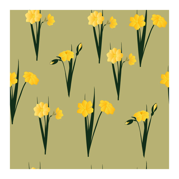 Naadloos patroon met gele bloemen, knoppen, narcissen bladeren op een beige achtergrond. Bloemenpatroon met narcissen. Daffodil bloemen in boeketten. Narcissen bloeien. Lente, zomer patroon.. Vector illustratie - Vector, afbeelding
