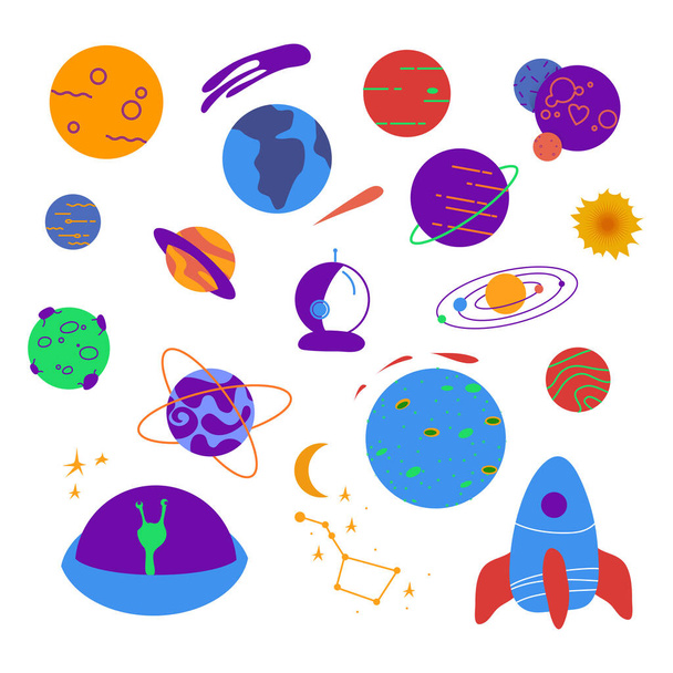 Barevná plochá fantazie a opravdové planety. Hvězdy, ufo, rakety, kometa a meteorit. Kosmos. Vektorová ilustrace.  - Vektor, obrázek