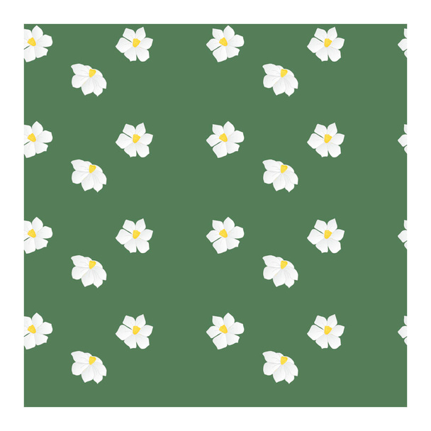 Seamless pattern, an ornament with white flowers, buds, leaves of daffodils on a green background. Flower pattern with daffodils. Daffodil flowers in bouquets. Narcissus blooming. Spring, summer pattern.. Vector illustration - Vector, Image