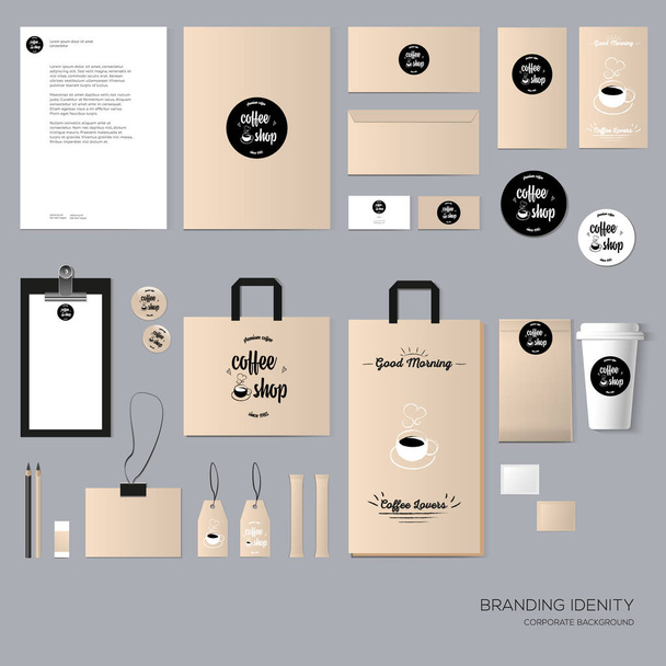 Briefpapier-Design mit Kaffeehaus-Elementen. Mit Blanko, Visitenkarte, Umschlag, Papiertüte usw.  - Vektor, Bild