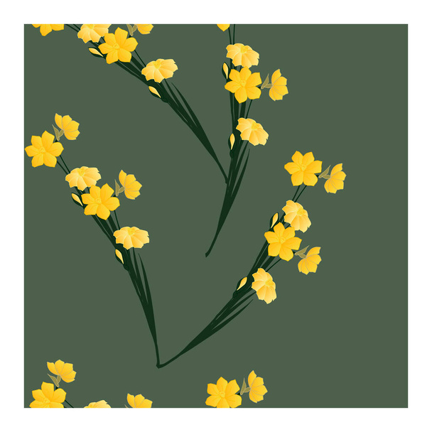 Bezešvé, abstraktní vzor se žlutými květy, pupeny, narcisy listy na šedomodrém pozadí. Vzor květin s narcisy. Daffodil květiny v kytici. Narcis kvete. Jaro, letní vzor.. Vektorová ilustrace - Vektor, obrázek
