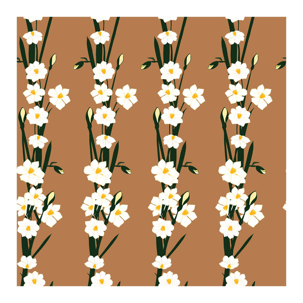 Seamless pattern, an ornament with white flowers, buds, daffodil leaves on a brown background. Flower pattern with daffodils. Daffodil flowers in bouquets. Narcissus blooming. Spring, summer pattern.. Vector illustration - Vector, Image