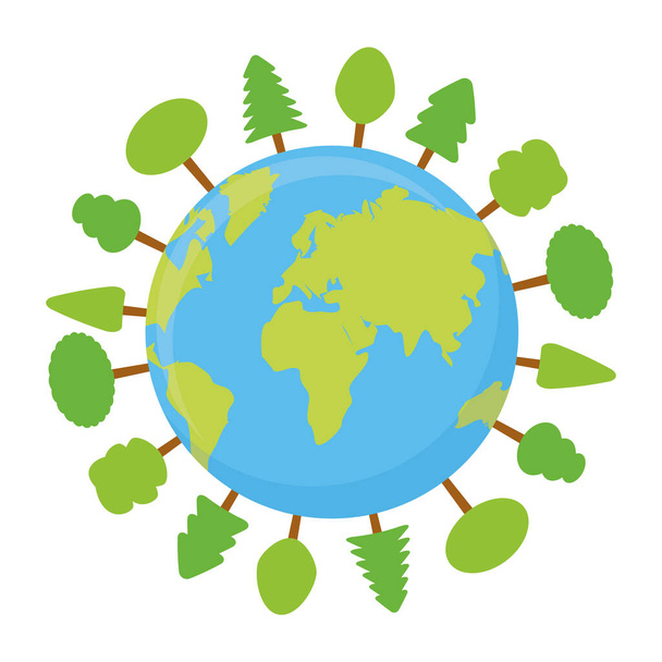Erde und Bäume Ökologie Konzept Vektorillustration isoliert auf weiß. Earth Day Karte.  - Vektor, Bild