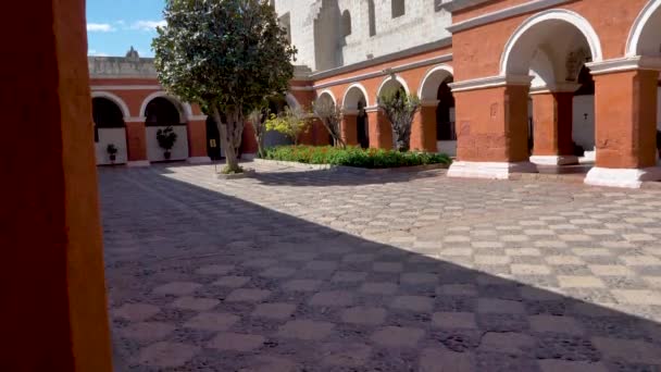 Inner courtyard in Saint Catherine Monastery, Arequipa city, Peru. Contrast of the tree surrounded by white walls of the monastery and the red walls that was the place where the nuns lived - Footage, Video