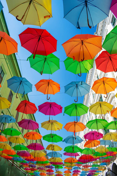 Πολύχρωμες ομπρέλες κρέμονται πάνω από τους παλιούς δρόμους του κέντρου της πόλης Τιμισοάρα, Ρουμανία. Φωτογραφία: 20 Σεπτεμβρίου 2018. - Φωτογραφία, εικόνα