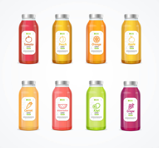 Realistic Detailed 3d Juice Color Bottle with Lables Set. Vector - Вектор, зображення
