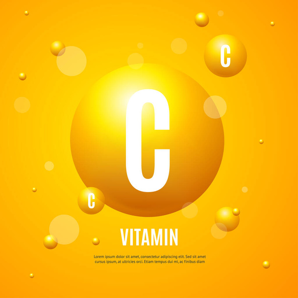 Realistic Detailed 3d Sphere Yellow Vitamin C Banner Concept Ad Poster Card. Vector - Vecteur, image