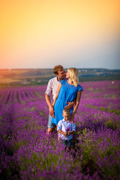 A happy family with a little boy walks and plays on a beautiful lavender field. Family, vacation - Fotoğraf, Görsel