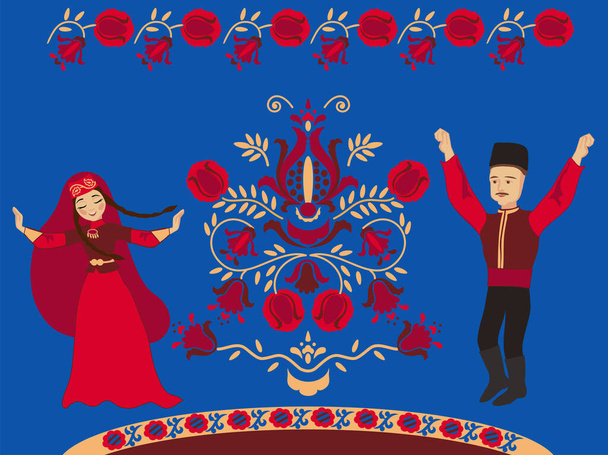Tańcząca para tatarska krymska i granatowe drzewo życia na niebieskim tle. Koncepcja karty weselnej z życzeniem bogactwa i wielu dzieci. - Wektor, obraz