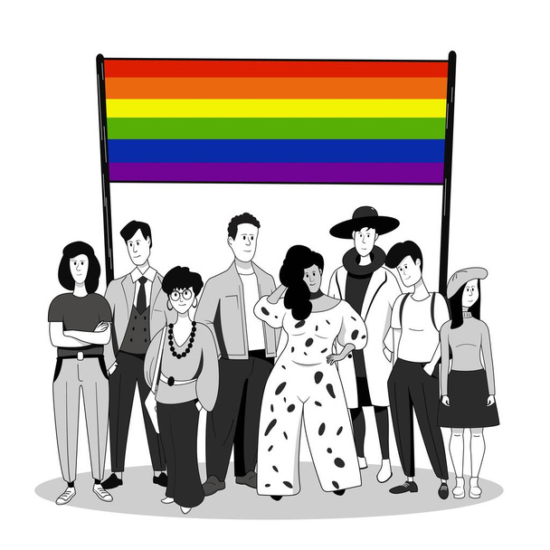  Tłum ludzi w różnym wieku i płci z tęczową flagą. Społeczność LGBT. Ilustracja wektora. - Wektor, obraz