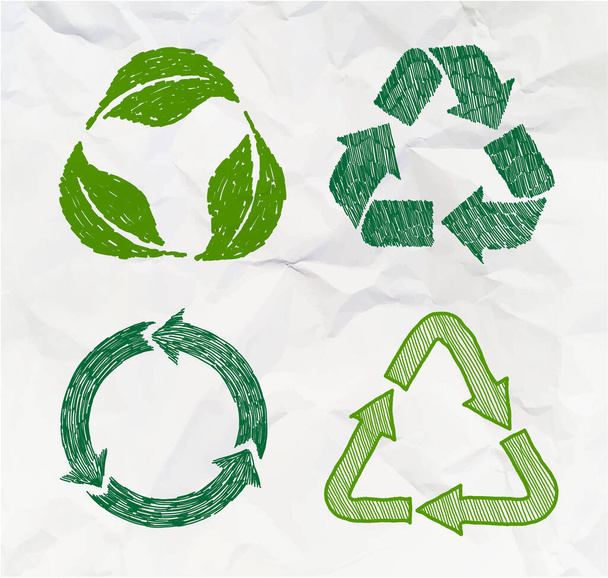 Σύνολο συμβόλων ανακύκλωσης σκίτσων που απομονώνονται σε τσαλακωμένο φόντο χαρτιού. Ανακυκλώστε την πινακίδα για οικολογικό σχεδιασμό μηδενικού τρόπου ζωής αποβλήτων. Χειροποίητο εικονίδιο ανακύκλωσης. Εικονογράφηση διανύσματος. - Διάνυσμα, εικόνα