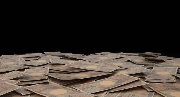 Vue rapprochée d'une pile éparpillée de billets en yens japonais - rendu 3D - Photo, image