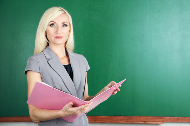 School teacher with folder near blackboard close-up - Photo, Image