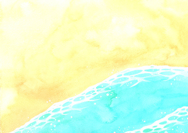夏の装飾のための海岸沿いのビーチ水彩手の絵付けの背景でトップビューの海の波. - 写真・画像