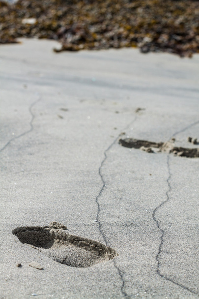 βήματα στην άμμο μετά από ένα lowtide ανέγγιχτη παραλία - Φωτογραφία, εικόνα