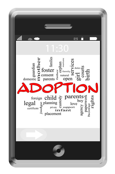 Adopción Word Cloud Concept en el teléfono con pantalla táctil
 - Foto, Imagen